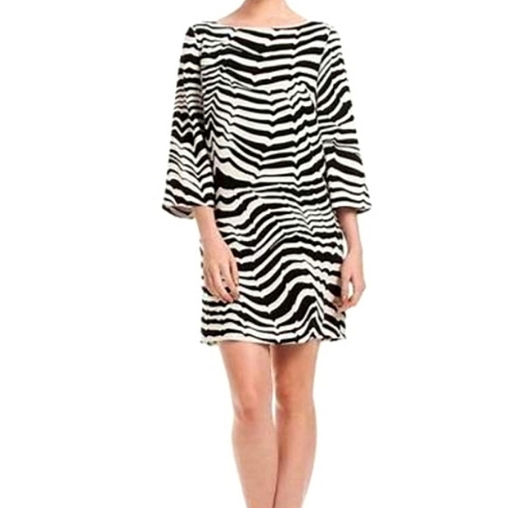 Trina Turk Women's Off White & Black Zebra Stripe Lined 3/4 Sleeve Dress 4 - Picture 15 of 16
